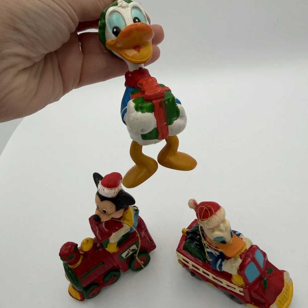 3 Disney Mickey Donald Christmas Ornaments Train Fire Truck‎ Holiday Vintage